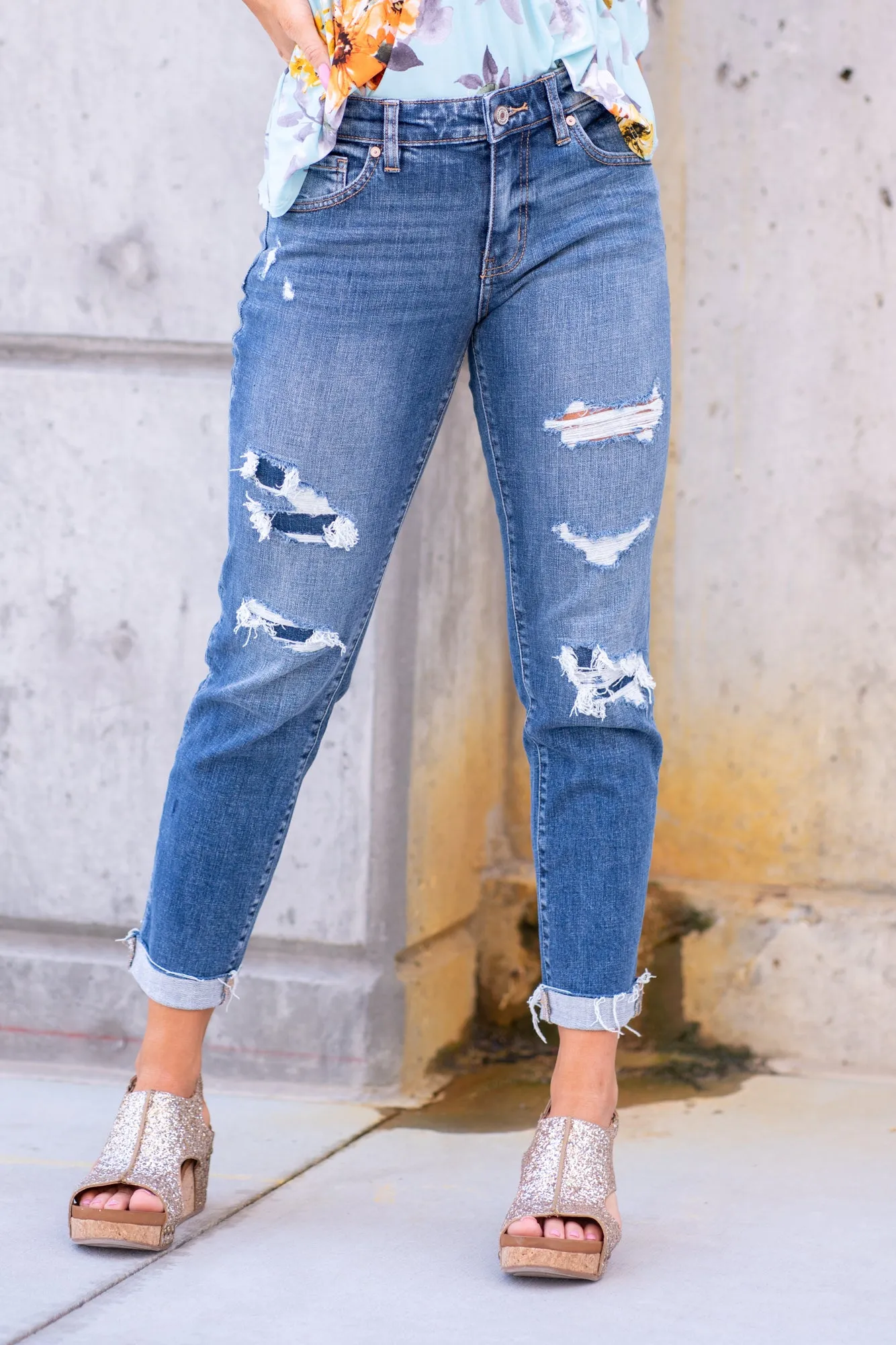 Madison Mid Rise Denim Patch Boyfriend