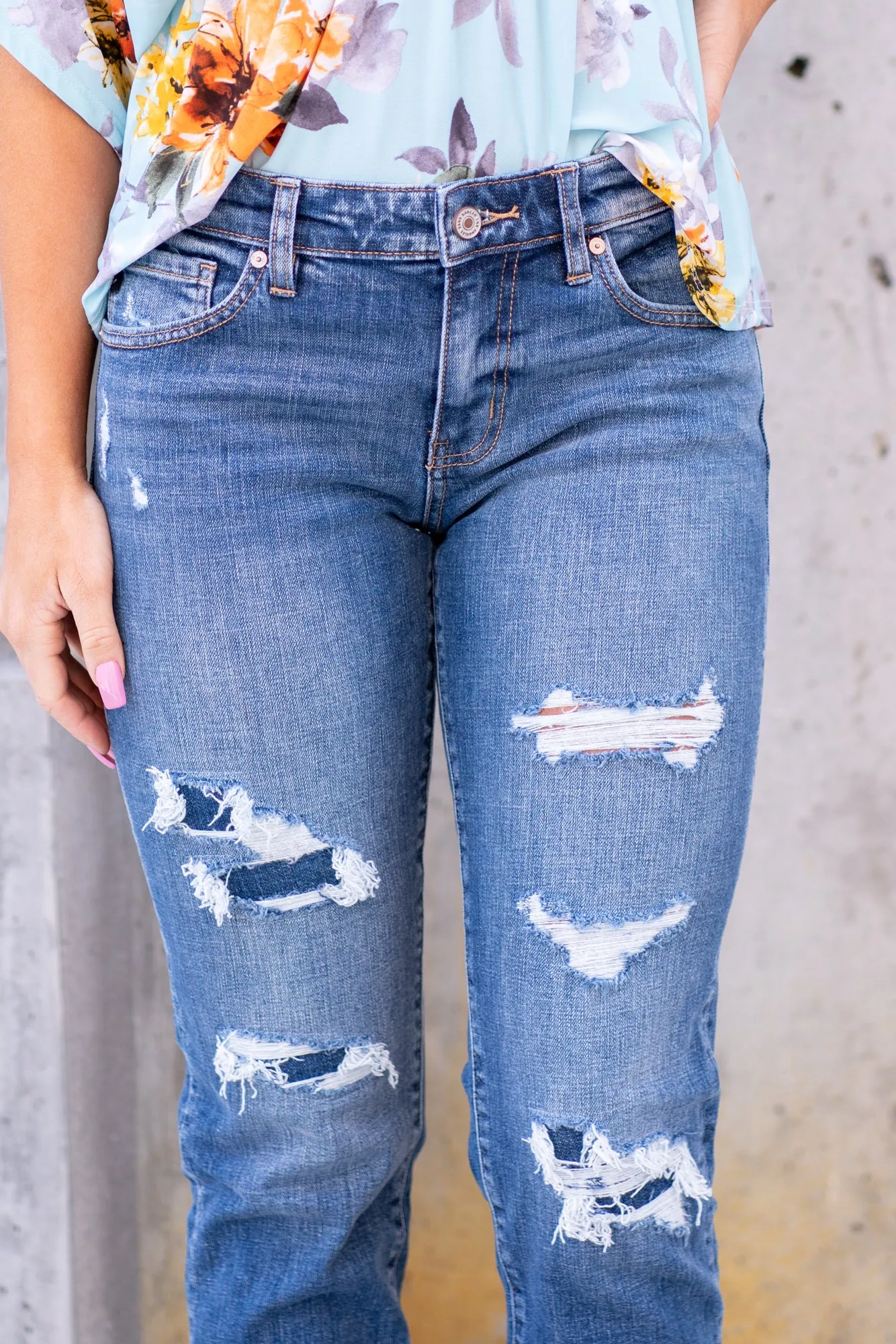 Madison Mid Rise Denim Patch Boyfriend