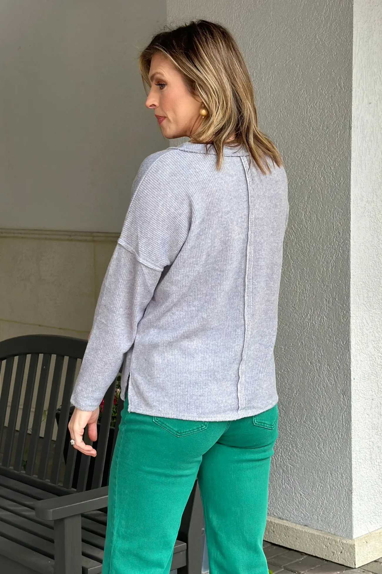 Marlena Ribbed V-Neck Top-Heather Grey