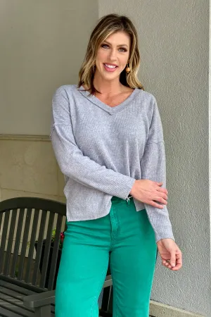 Marlena Ribbed V-Neck Top-Heather Grey