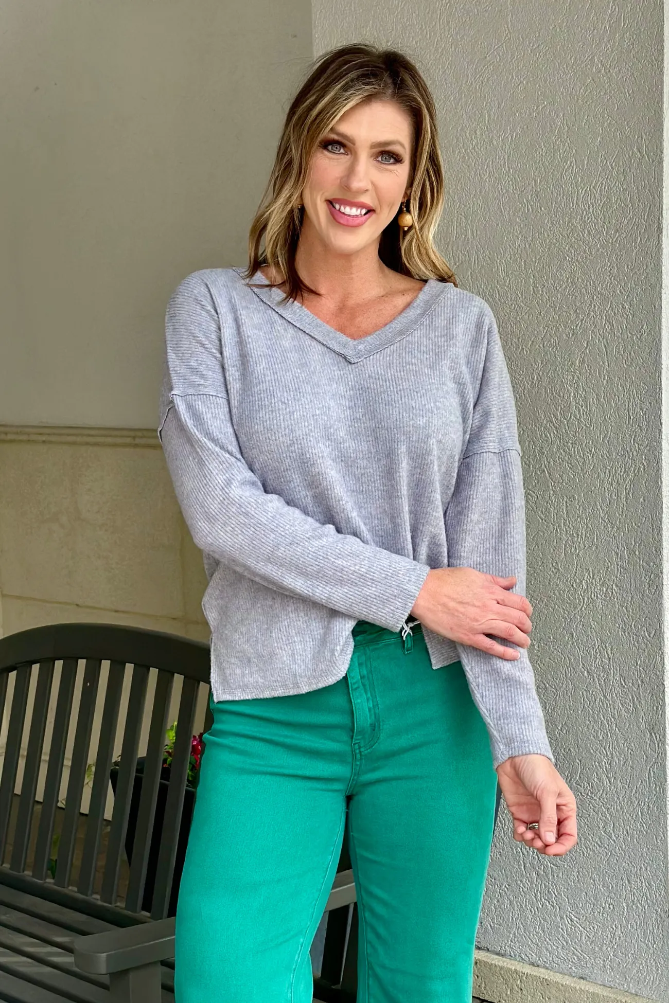 Marlena Ribbed V-Neck Top-Heather Grey