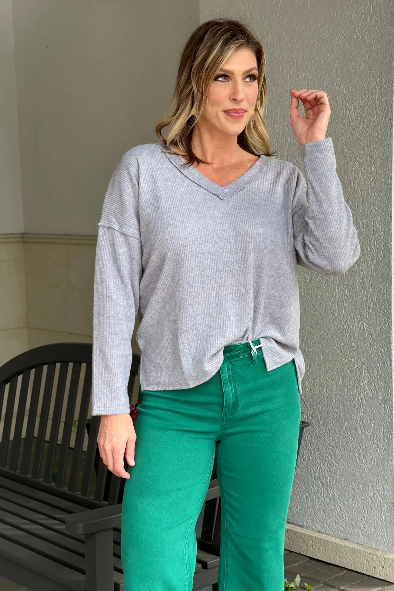 Marlena Ribbed V-Neck Top-Heather Grey
