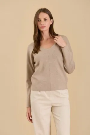 Mocha Micro Rib V Neck Front Seam Sweater