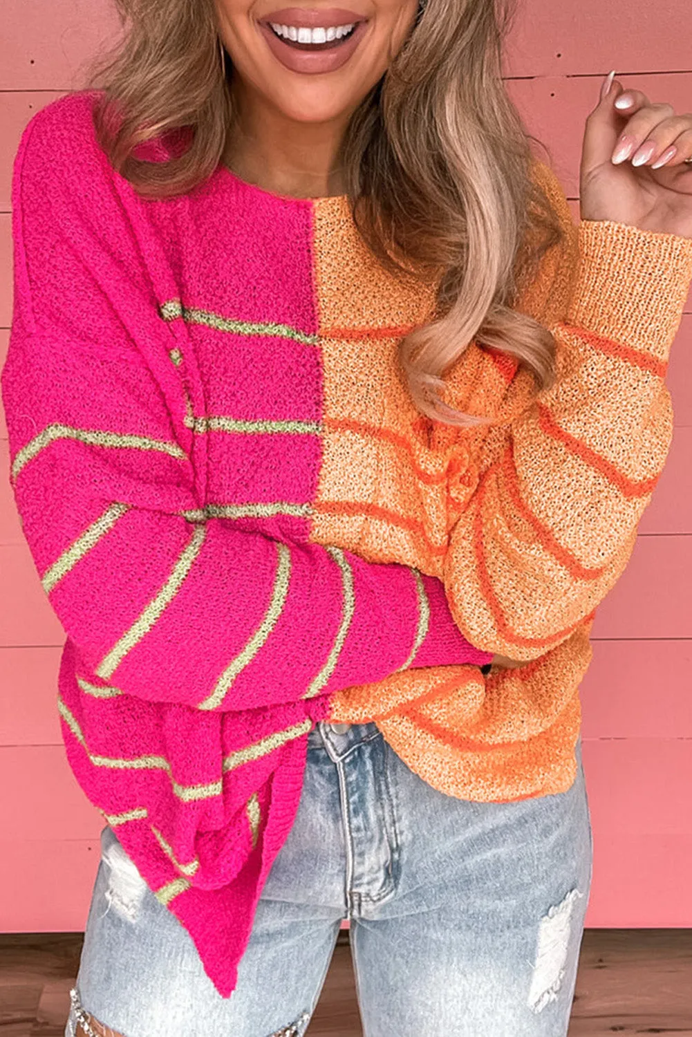 Multicolour Striped Color Block Loose Fit Knit Sweater