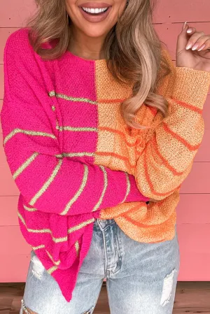 Multicolour Striped Color Block Loose Fit Knit Sweater