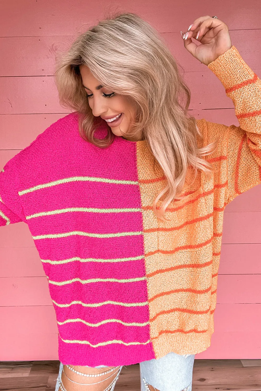 Multicolour Striped Color Block Loose Fit Knit Sweater