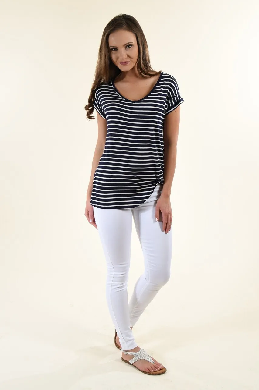Navy Striped V-Neck Knot Top