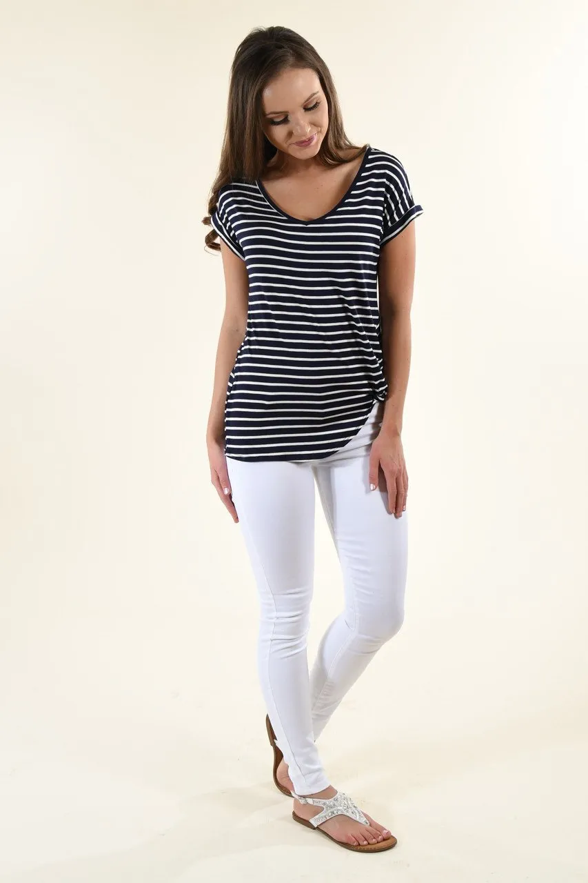 Navy Striped V-Neck Knot Top