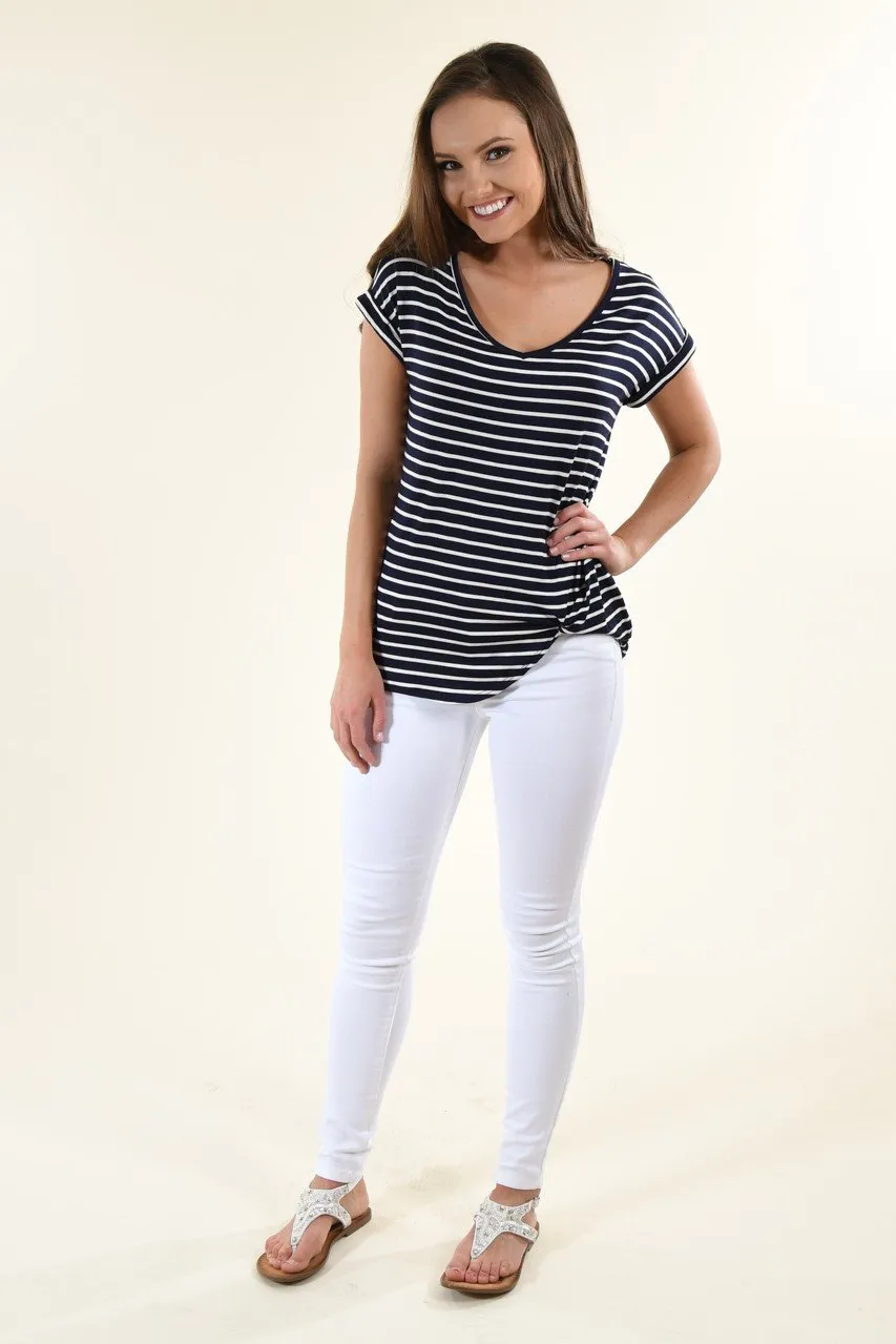 Navy Striped V-Neck Knot Top