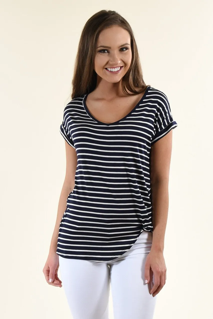 Navy Striped V-Neck Knot Top