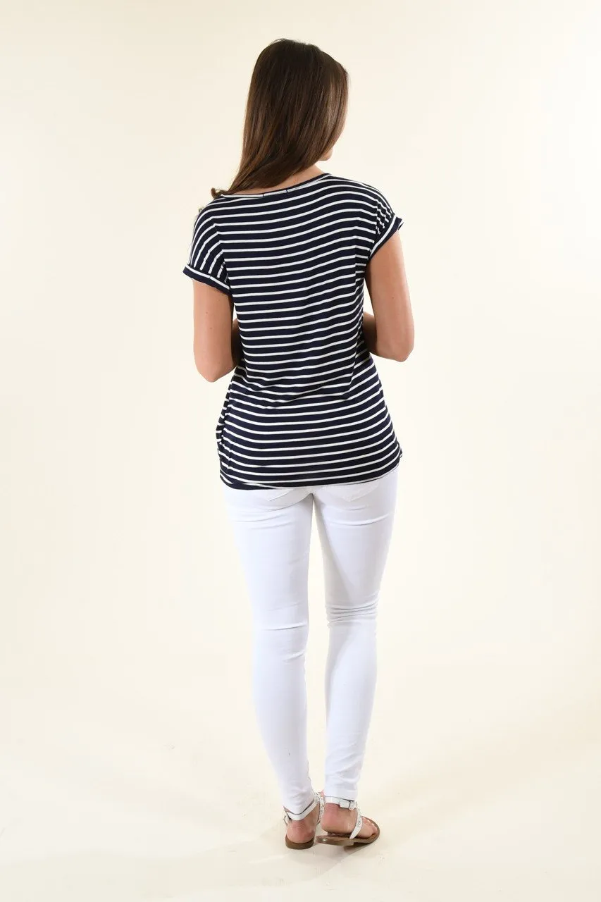 Navy Striped V-Neck Knot Top