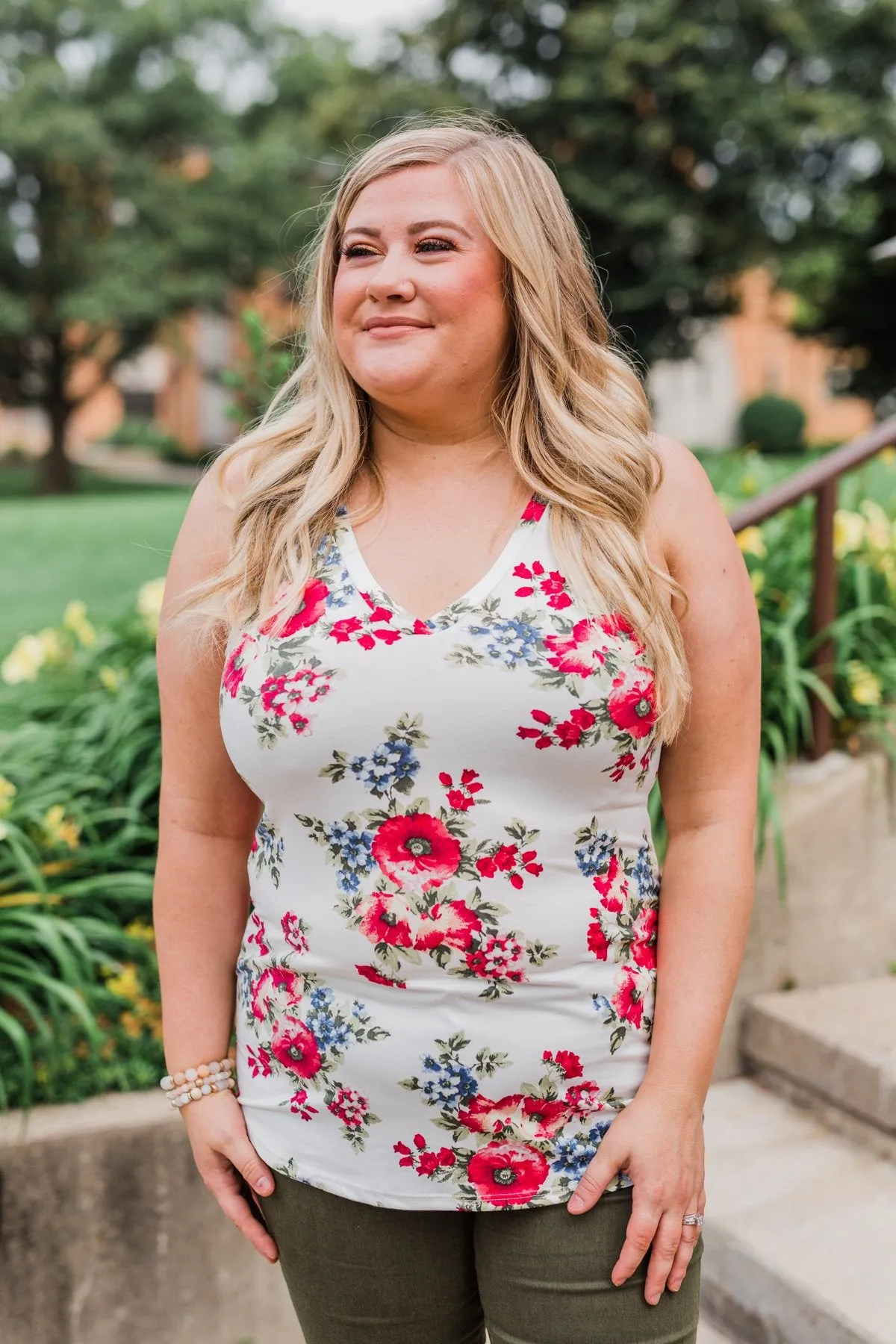Not Giving Up Floral Tank Top- Ivory