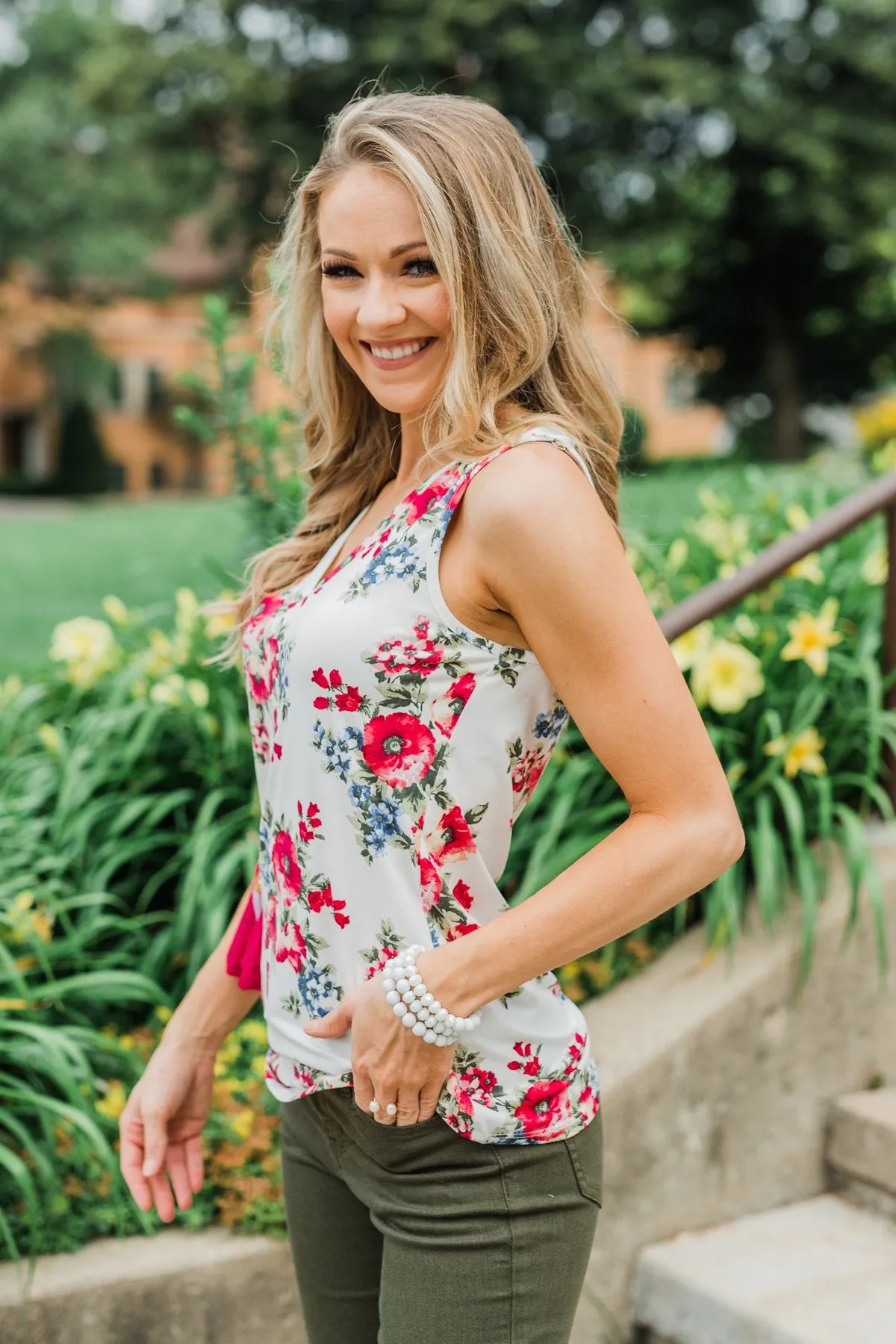 Not Giving Up Floral Tank Top- Ivory