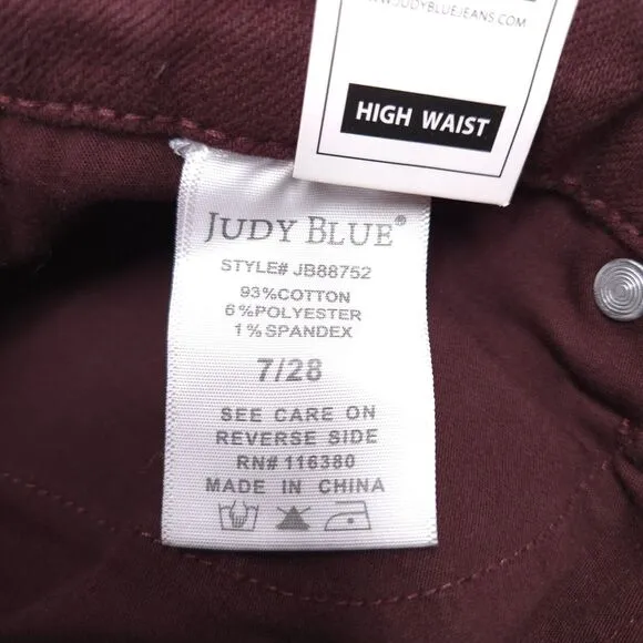 NWT Judy Blue Eva High Rise Tummy Control Burgundy Wide Leg Crop Jeans Size 7/28