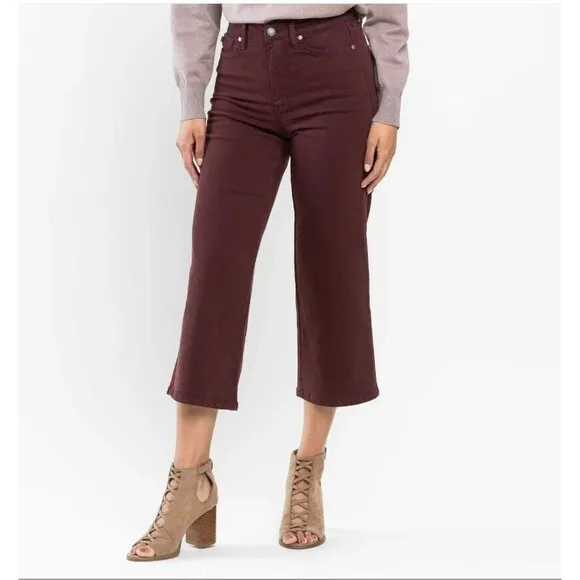 NWT Judy Blue Eva High Rise Tummy Control Burgundy Wide Leg Crop Jeans Size 7/28