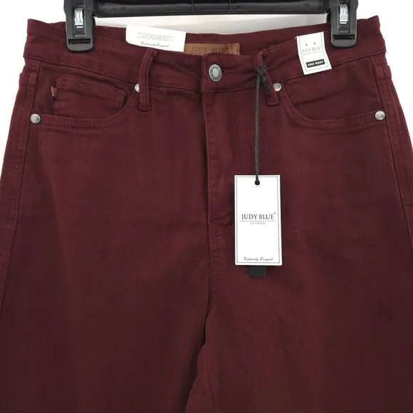 NWT Judy Blue Eva High Rise Tummy Control Burgundy Wide Leg Crop Jeans Size 7/28