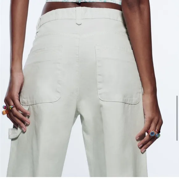NWT ZARA Light Gray-Blue Mid Rise Cargo Carpenter Wide Leg Jeans 4