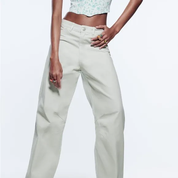 NWT ZARA Light Gray-Blue Mid Rise Cargo Carpenter Wide Leg Jeans 4