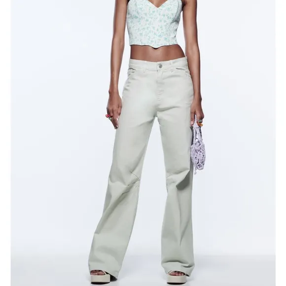 NWT ZARA Light Gray-Blue Mid Rise Cargo Carpenter Wide Leg Jeans 4