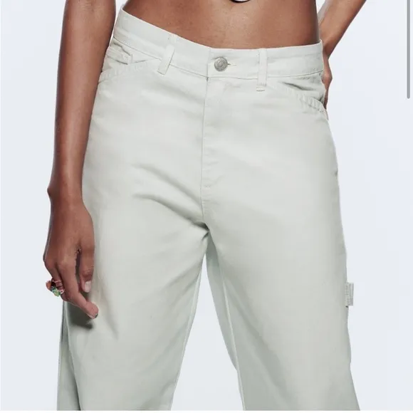 NWT ZARA Light Gray-Blue Mid Rise Cargo Carpenter Wide Leg Jeans 4