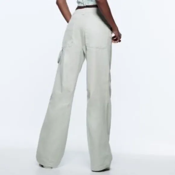 NWT ZARA Light Gray-Blue Mid Rise Cargo Carpenter Wide Leg Jeans 4