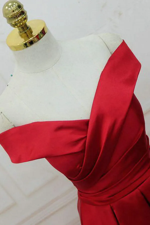 Off-the-shoulder Burgundy Long Satin Prom Dress/Evening Dress,MP437