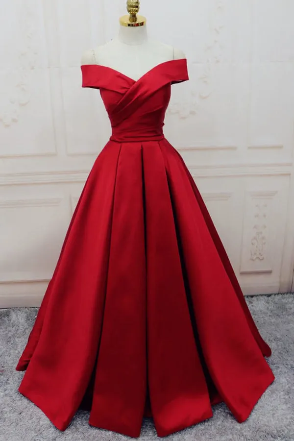 Off-the-shoulder Burgundy Long Satin Prom Dress/Evening Dress,MP437