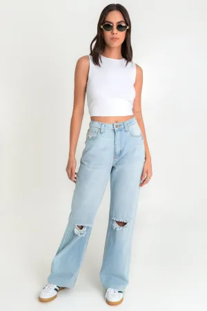 Pantalón denim wide leg con rotos