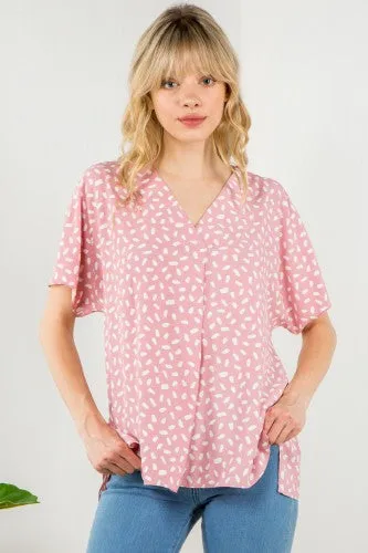 Peach Dot Printed V Neck Placket