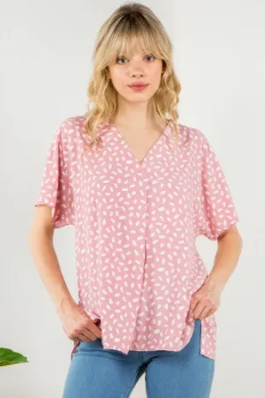 Peach Dot Printed V Neck Placket
