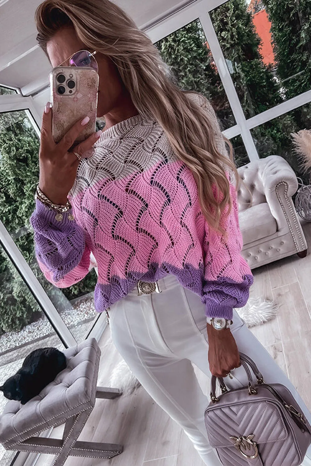 Pink Color Block Hollow Knitted Loose Sweater