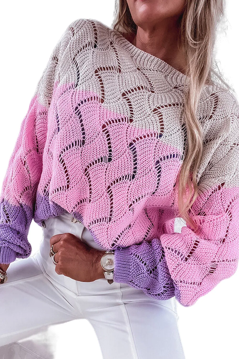 Pink Color Block Hollow Knitted Loose Sweater
