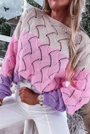 Pink Color Block Hollow Knitted Loose Sweater