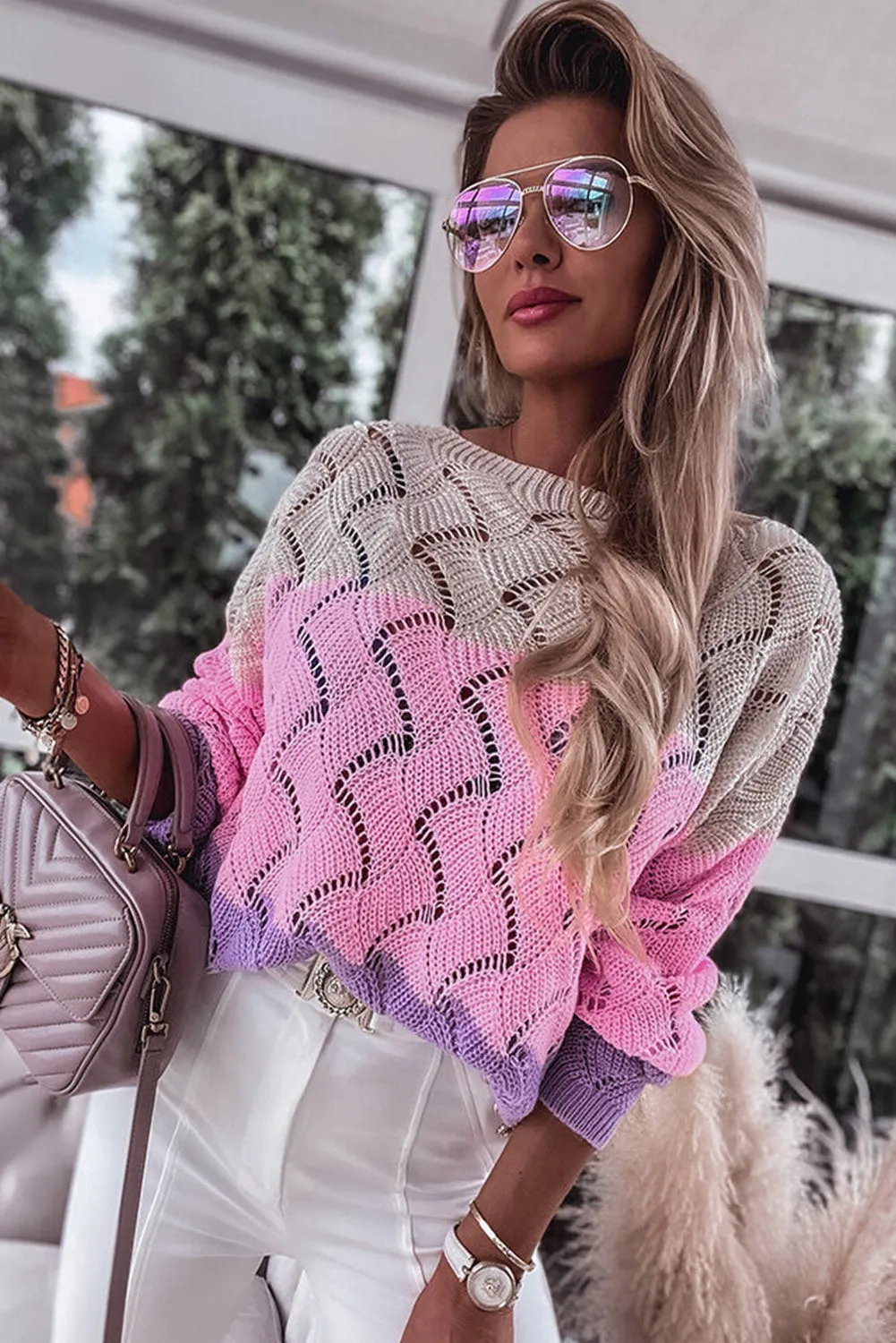 Pink Color Block Hollow Knitted Loose Sweater