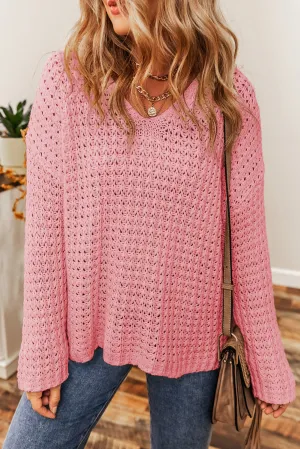 Pink Open Knit V Neck Sweater