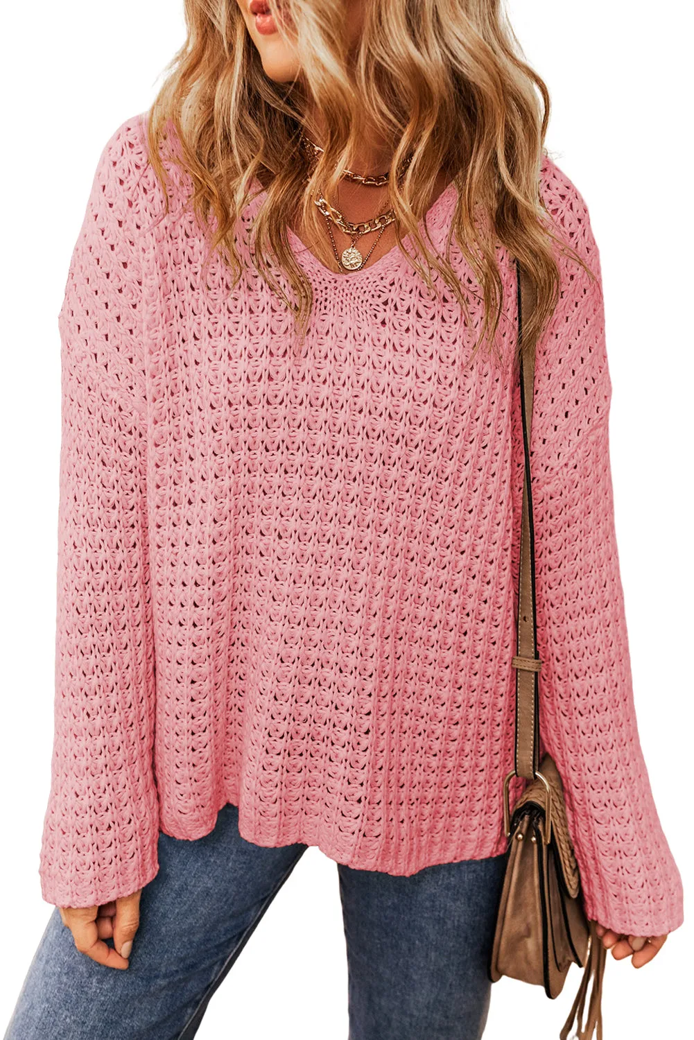 Pink Open Knit V Neck Sweater