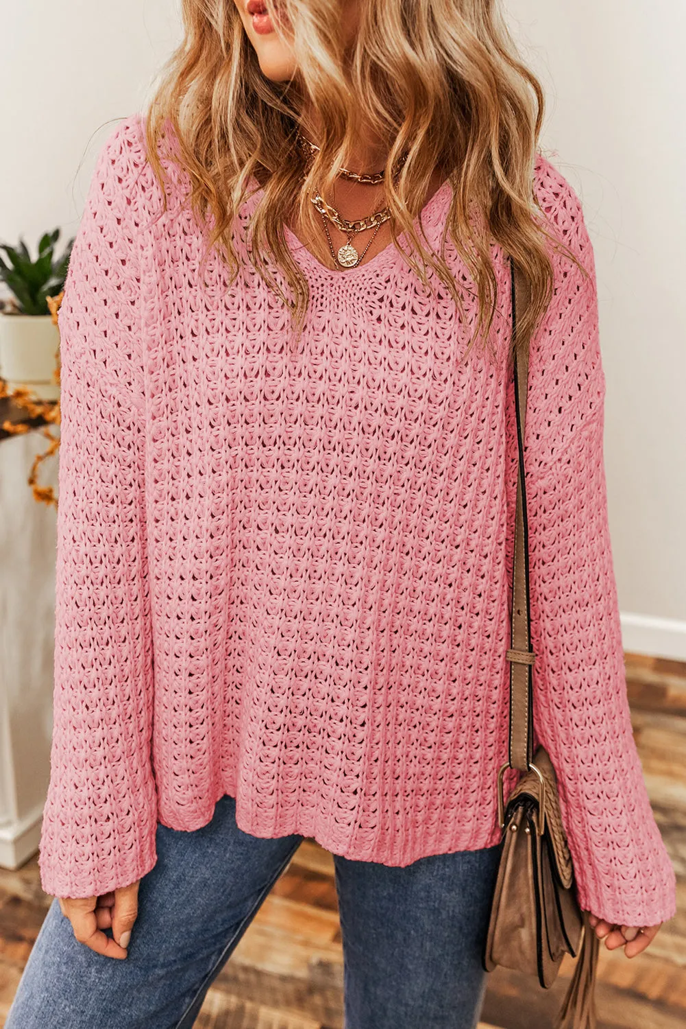 Pink Open Knit V Neck Sweater