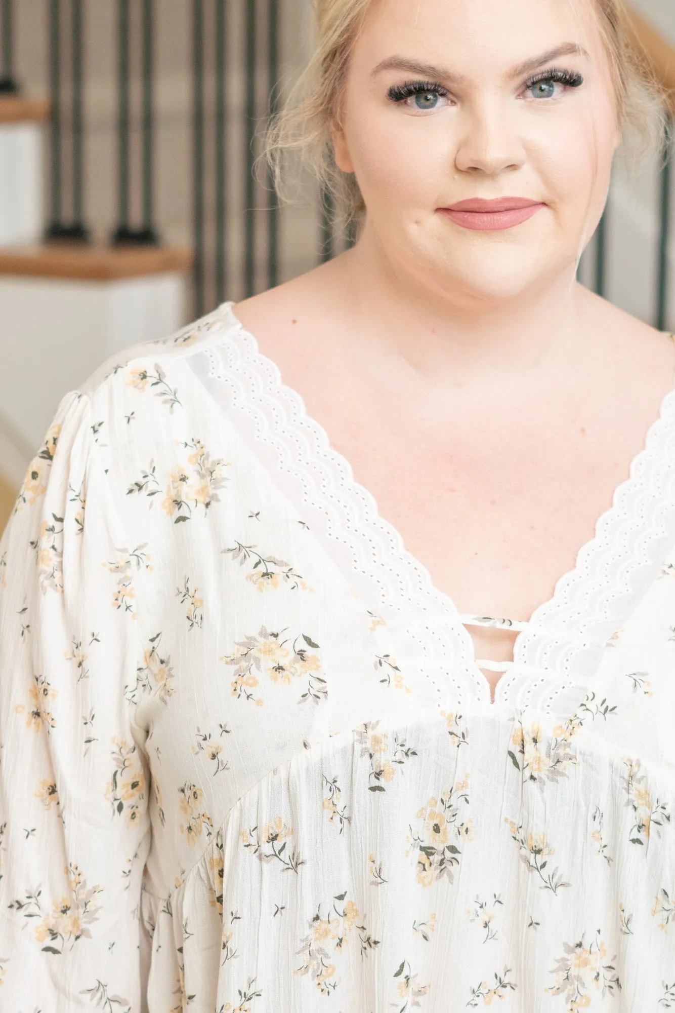 Plus Size Floral V Neck Blouse - Off White