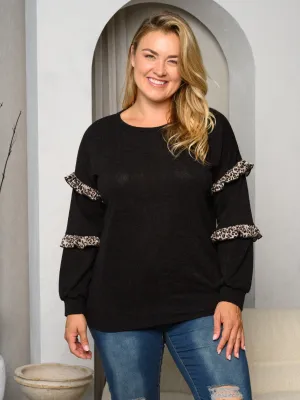 PLUS SIZE LONG RUFFLE SLEEVE ANIMAL PRINT DETAILED TOP