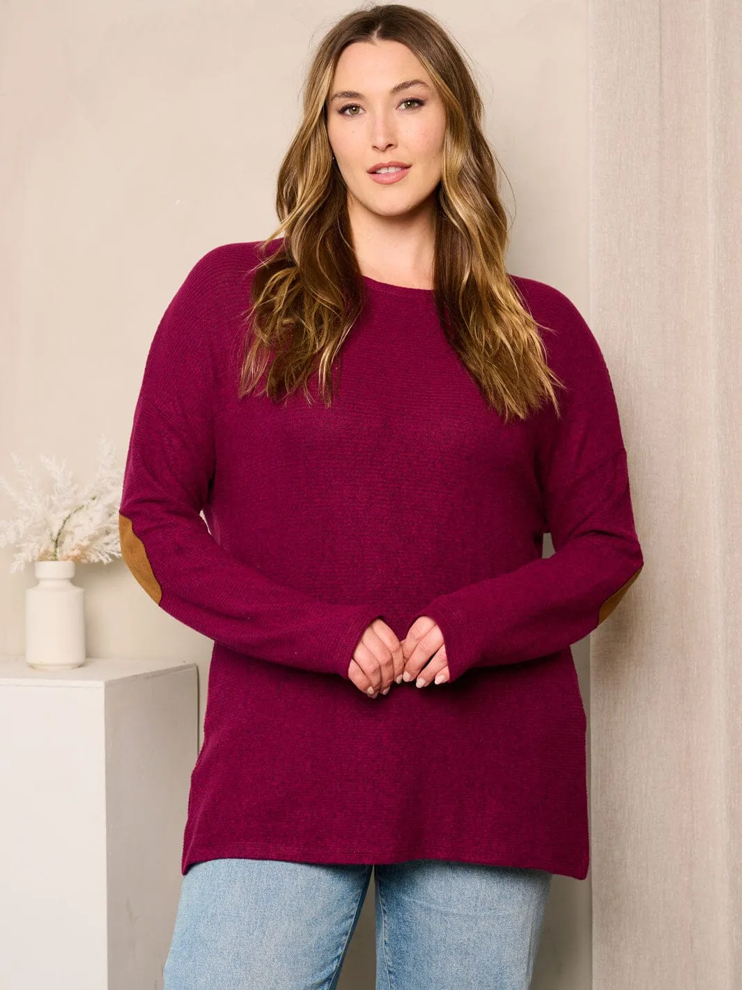 PLUS SIZE LONG SLEEVE ELBOW PATCHED TUNIC TOP