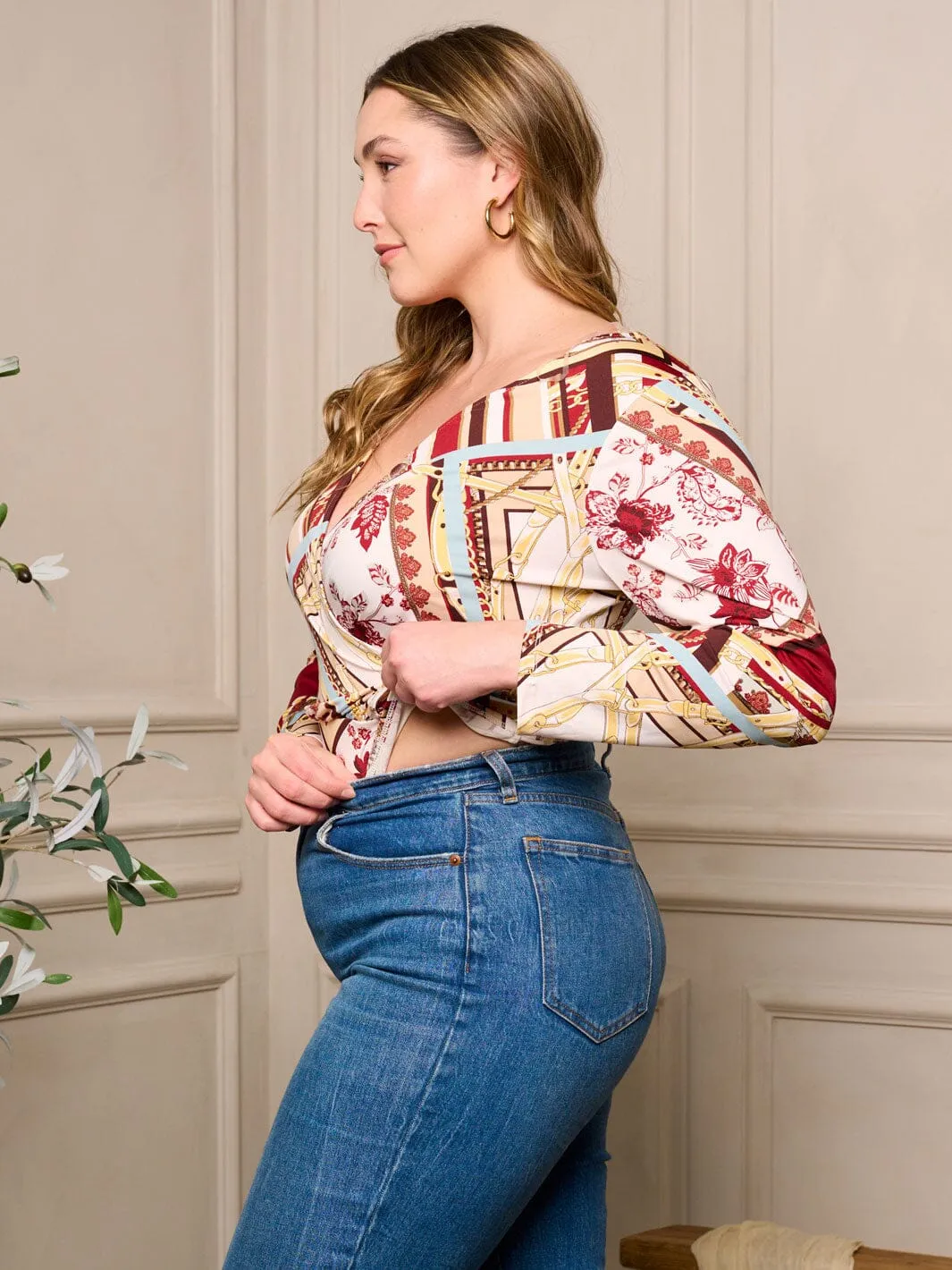 PLUS SIZE LONG SLEEVE SURPLICE MULTI PRINT BODYSUIT