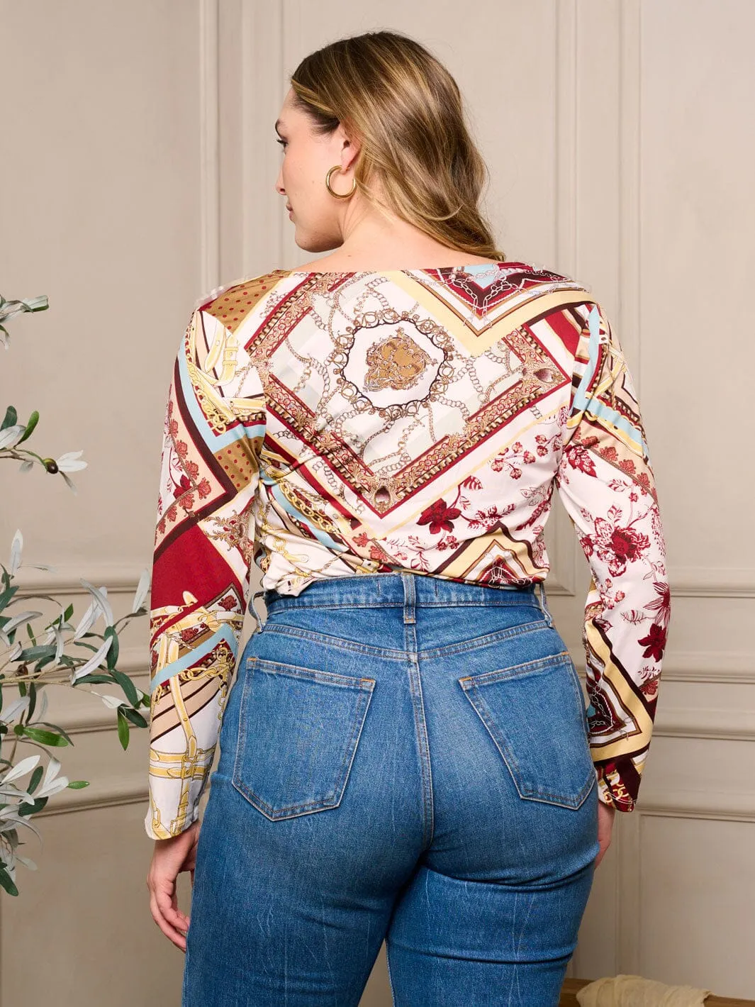 PLUS SIZE LONG SLEEVE SURPLICE MULTI PRINT BODYSUIT