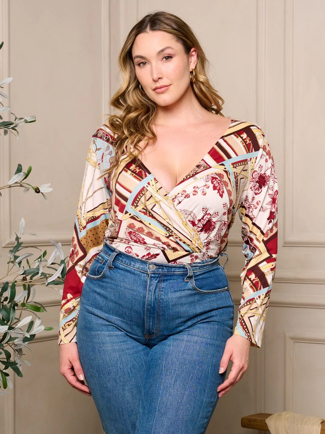 PLUS SIZE LONG SLEEVE SURPLICE MULTI PRINT BODYSUIT