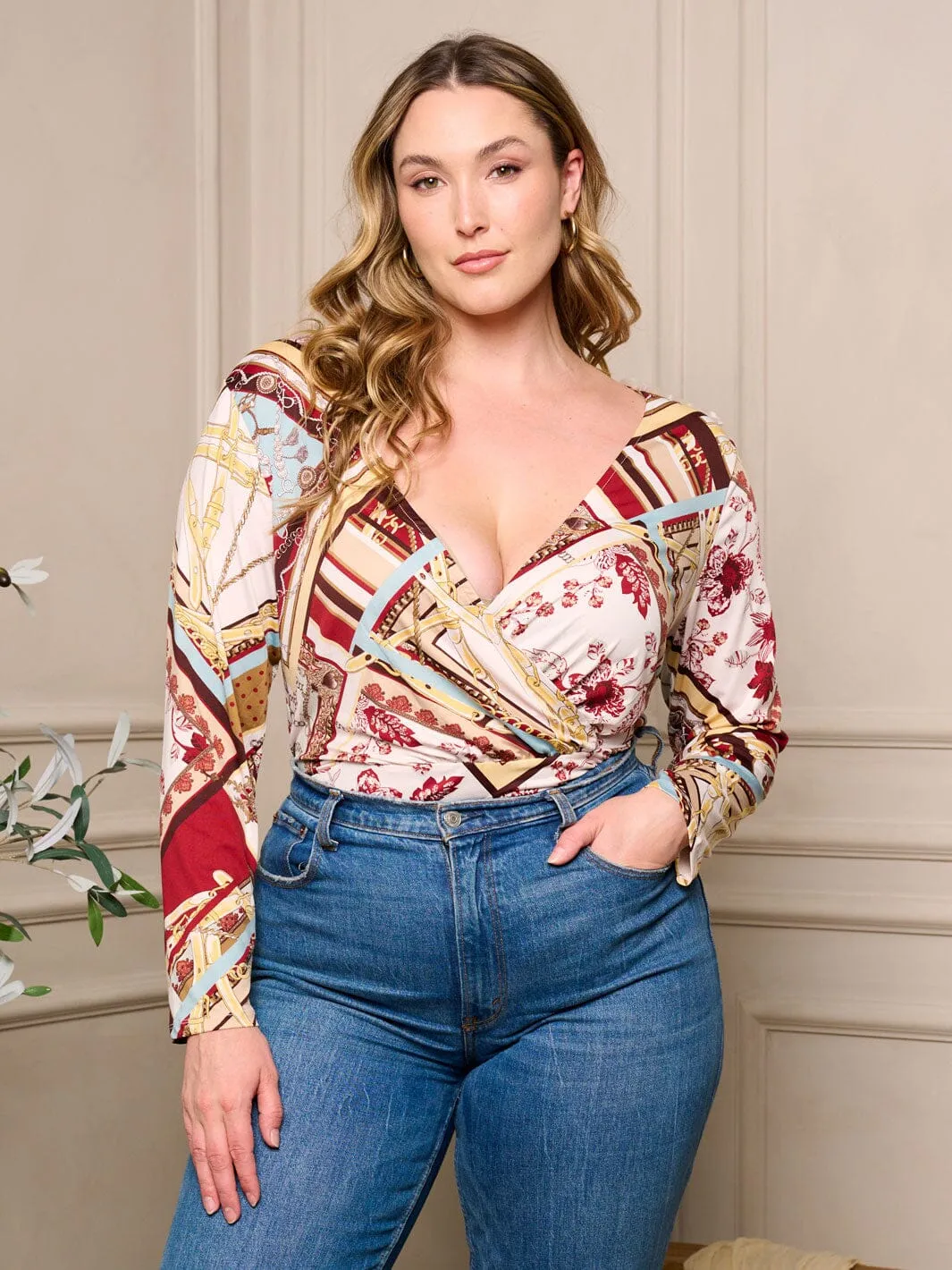 PLUS SIZE LONG SLEEVE SURPLICE MULTI PRINT BODYSUIT