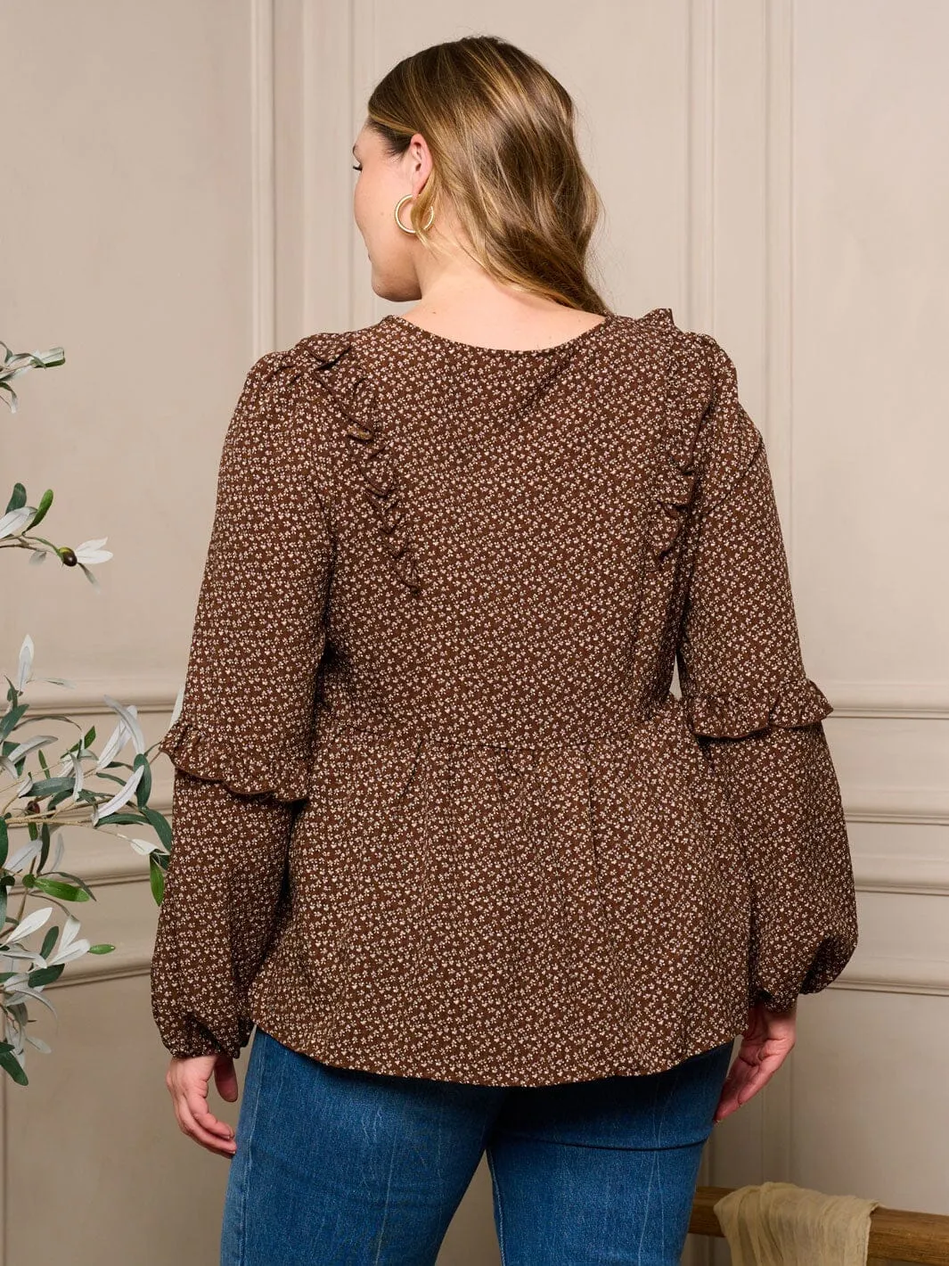 PLUS SIZE LONG SLEEVE V-NECK FLORAL TUNIC TOP
