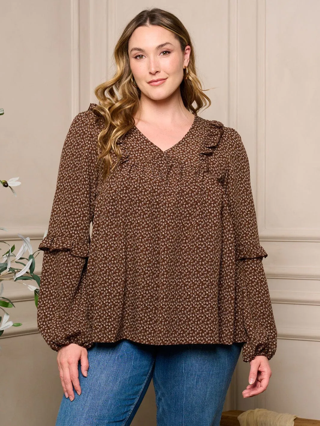 PLUS SIZE LONG SLEEVE V-NECK FLORAL TUNIC TOP