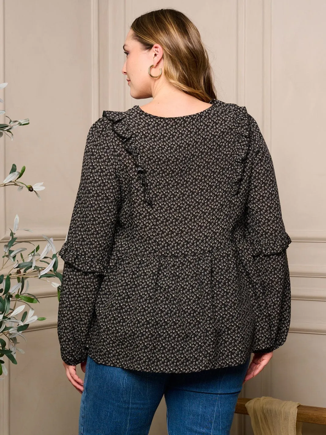 PLUS SIZE LONG SLEEVE V-NECK FLORAL TUNIC TOP