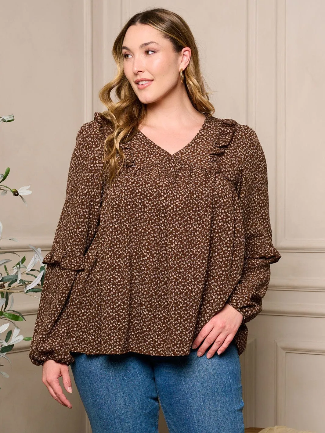 PLUS SIZE LONG SLEEVE V-NECK FLORAL TUNIC TOP