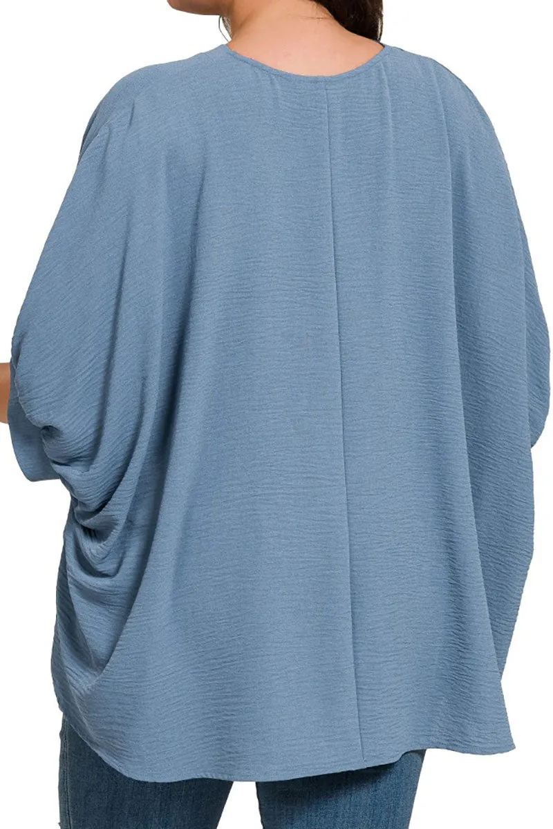 Plus Size Monterey Bay Dusty Blue Puff Sleeve V-Neck Top