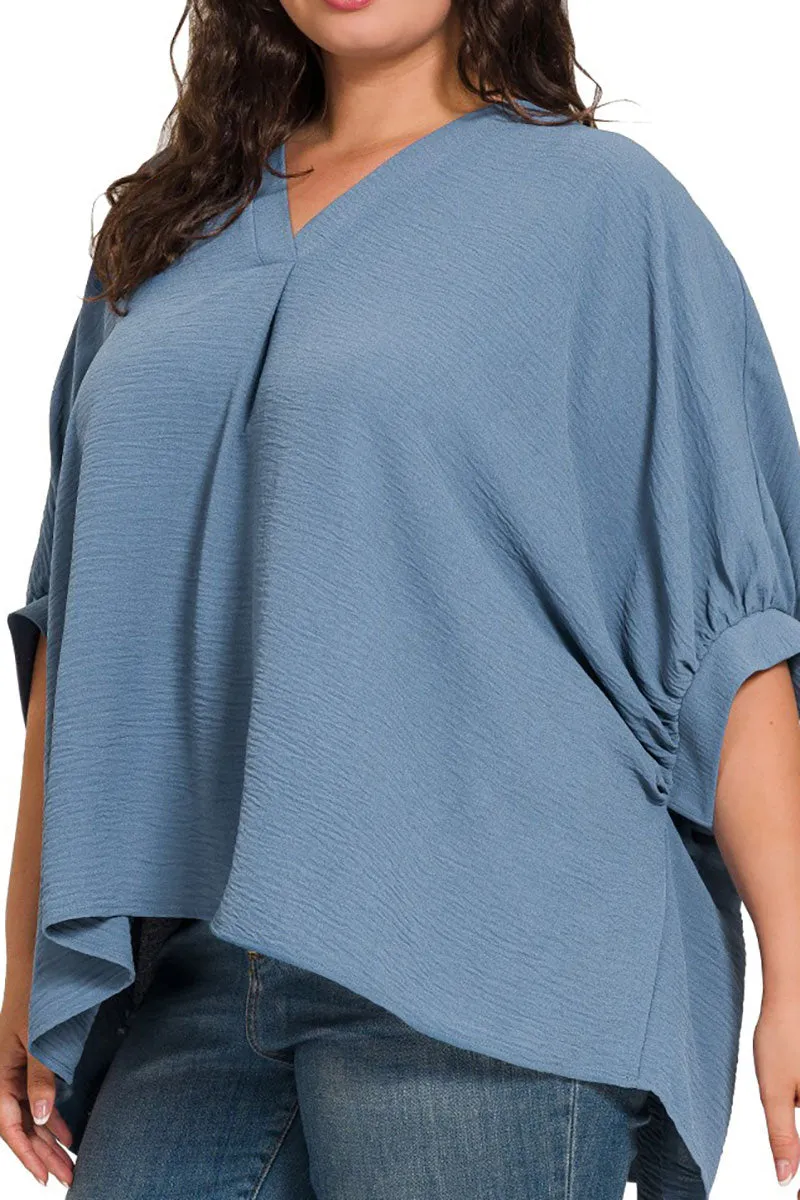 Plus Size Monterey Bay Dusty Blue Puff Sleeve V-Neck Top